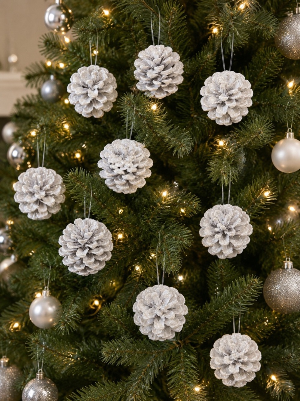 Sparkly White Pine Cone Christmas Ornaments